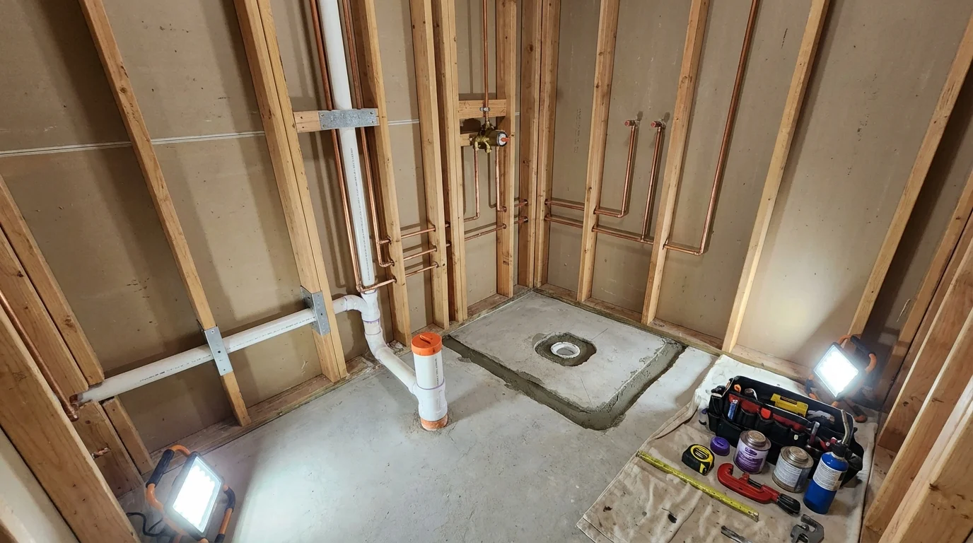 Bathroom rough-in plumbing during remodel by Johns Plumbing LLC in Timpson