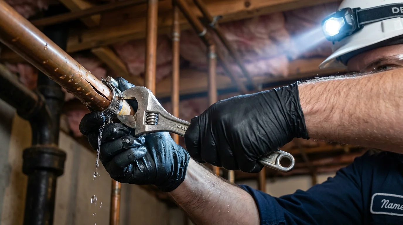 Emergency pipe clamp repair being performed by a Johns Plumbing LLC plumber in Timpson
