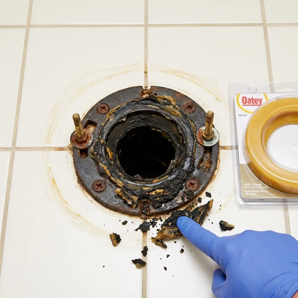 Failed wax ring showing water seepage at the base of a toilet in a Timpson, TX home