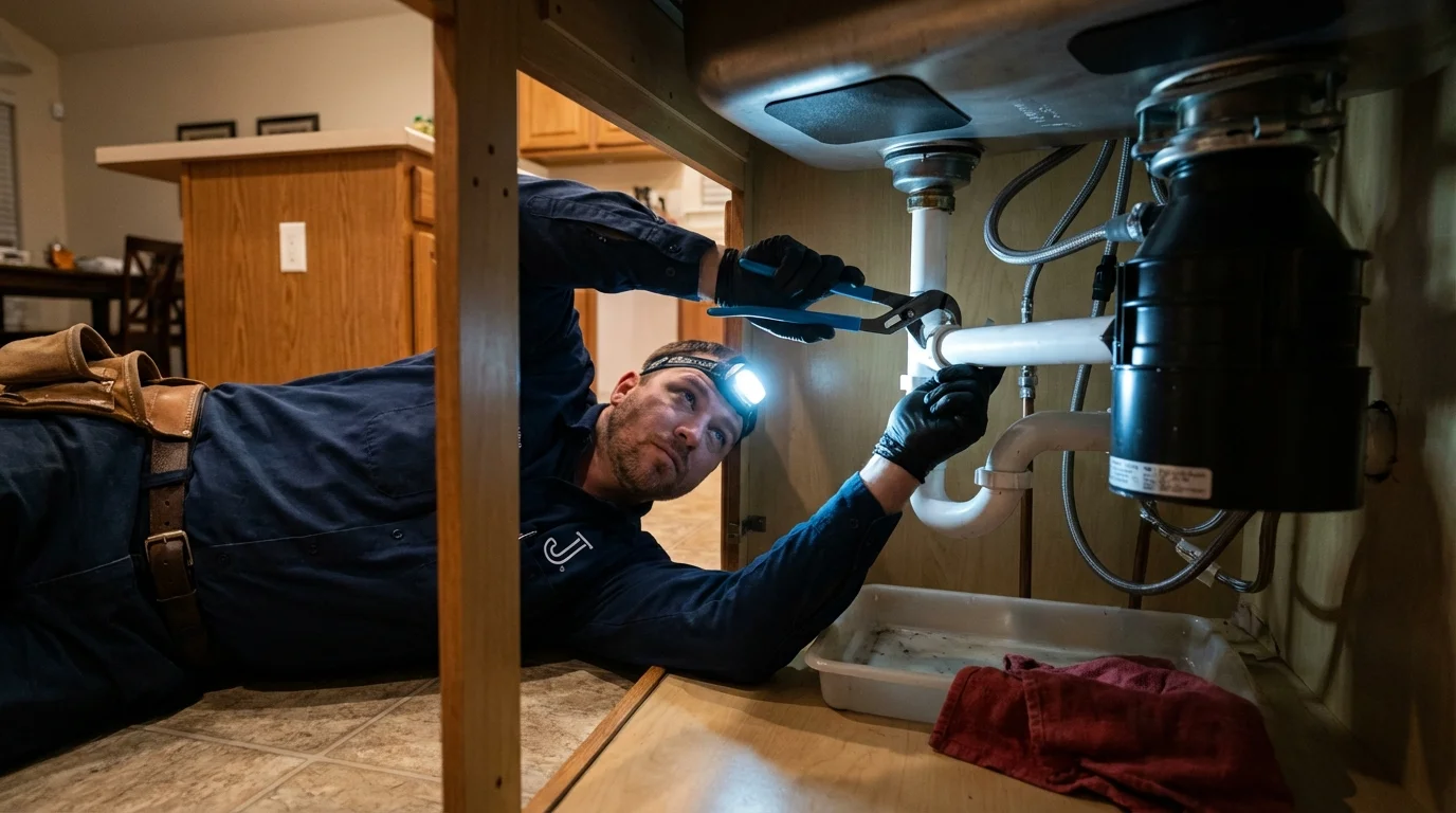 P-trap and supply line connections under a kitchen sink showing a common leak point in Timpson, TX
